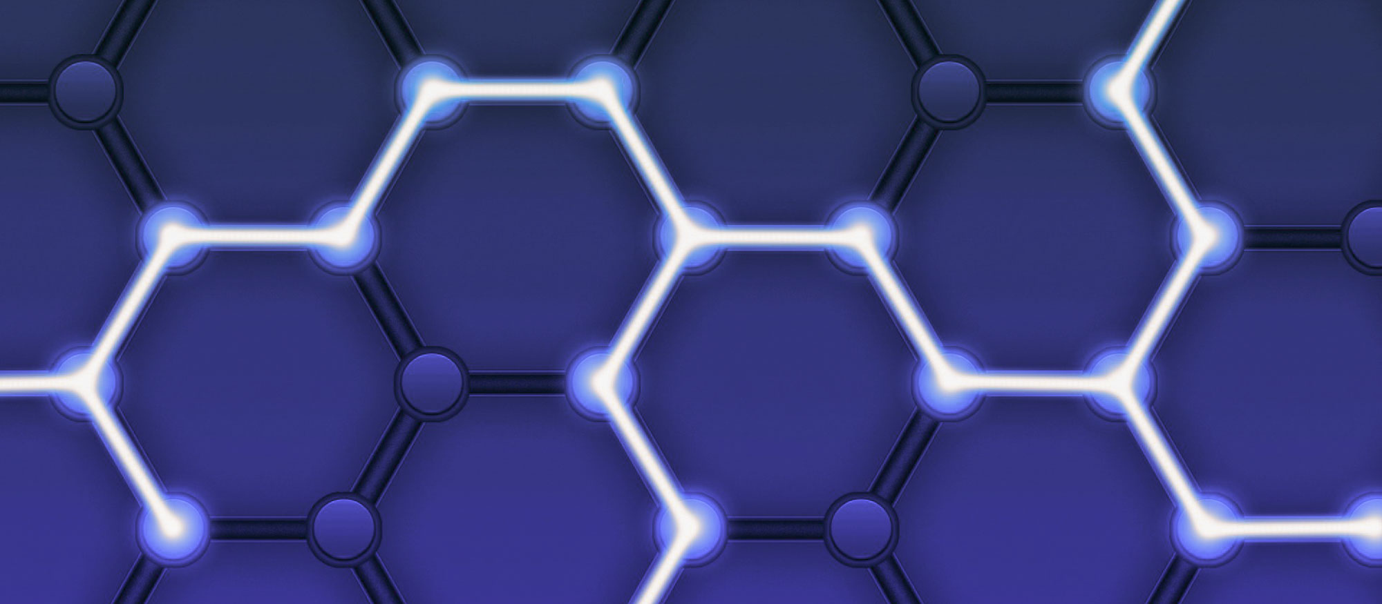 blockchain is represented by a ray of light that moves across multiple nodes in a hexagonal pattern
